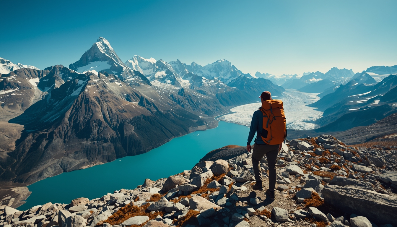 A hiker with a backpack standing on a rocky trail overlooking dramatic Patagonian scenery — snow‑capped peaks of Torres del Paine, turquoise lake below, and icy glaciers in the distance; clear blue sky, crisp lighting, cinematic depth of field, natural adventure vibe, high‑resolution photography style.